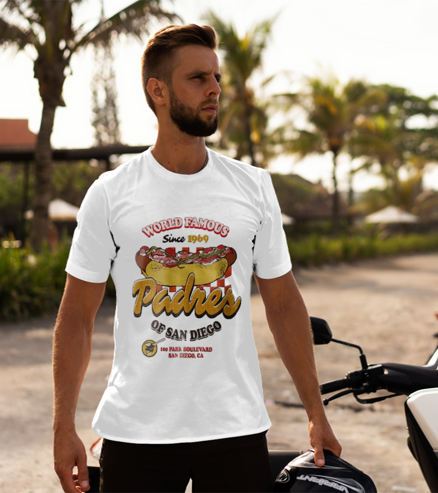 World Famous Padres Of San Diego Since 1969 Halftone Hot Dog 100 Park Boulevard CA T-Shirt