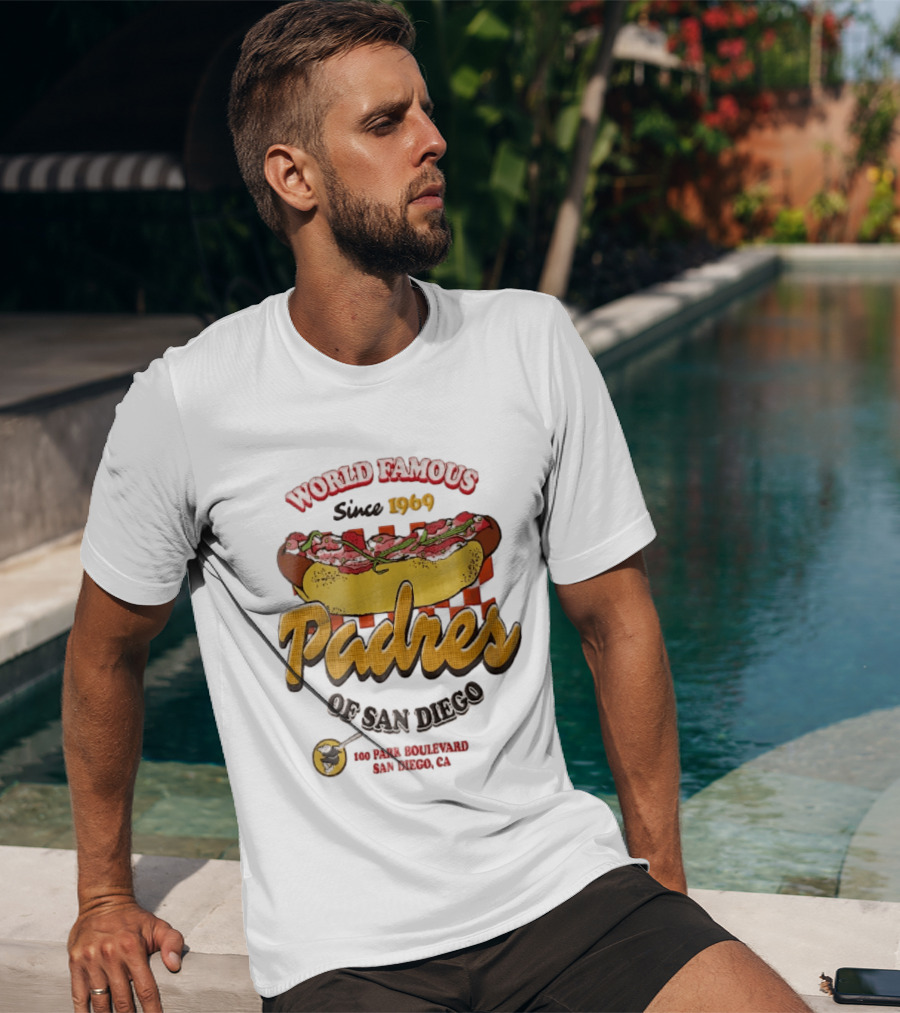 World Famous Padres Of San Diego Since 1969 Halftone Hot Dog 100 Park Boulevard CA T-Shirt
