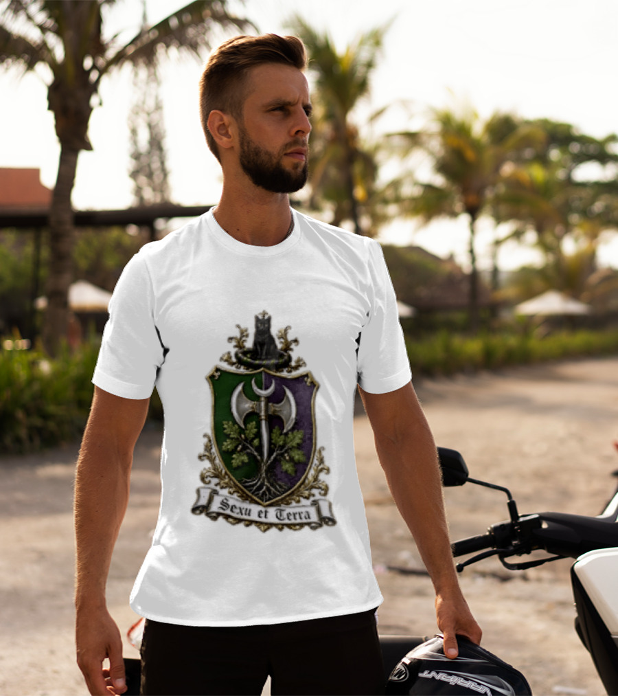 Sexu Et Terra Green Purple Shield Black Cat Axe And Tree Crest T-Shirt