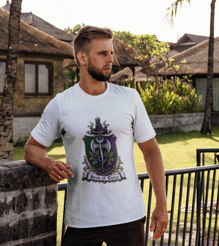 Sexu Et Terra Green Purple Shield Black Cat Axe And Tree Crest T-Shirt