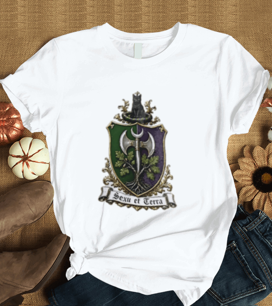 Sexu Et Terra Green Purple Shield Black Cat Axe And Tree Crest T-Shirt