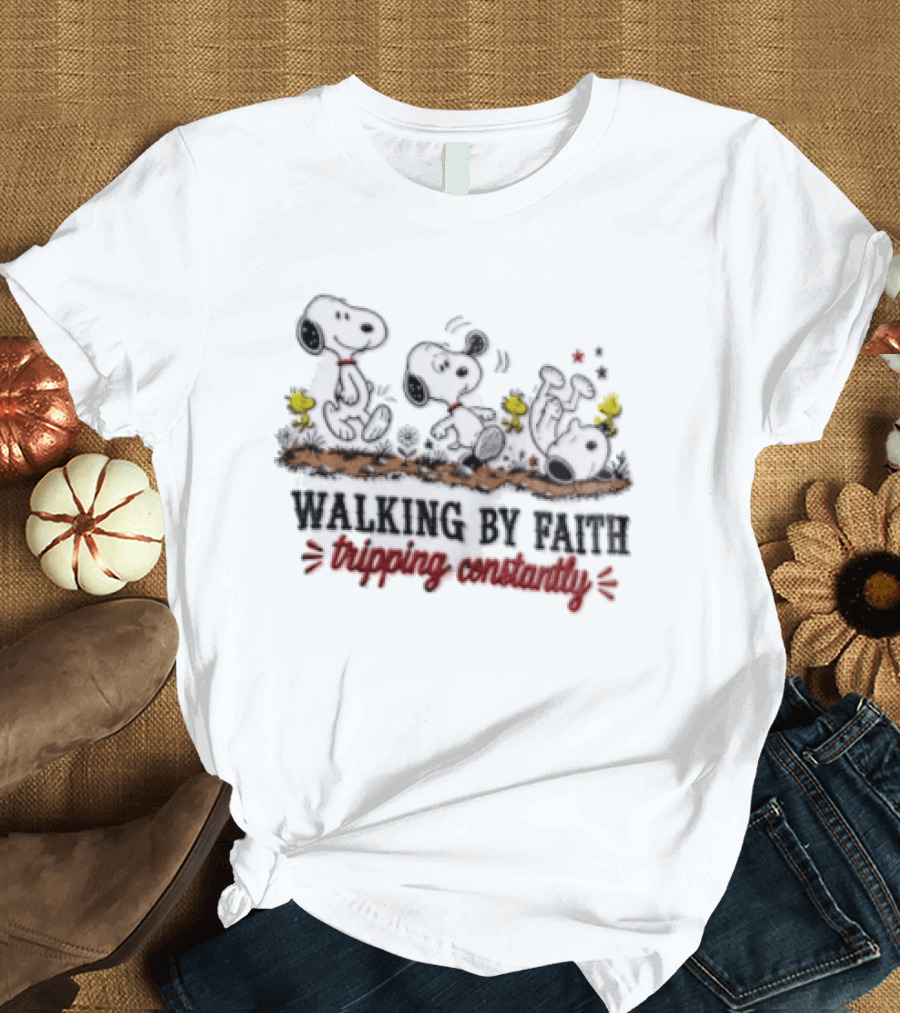 Snoopy Walking By Faith Tripping Constantly With Woodstock Friends T-Shirt