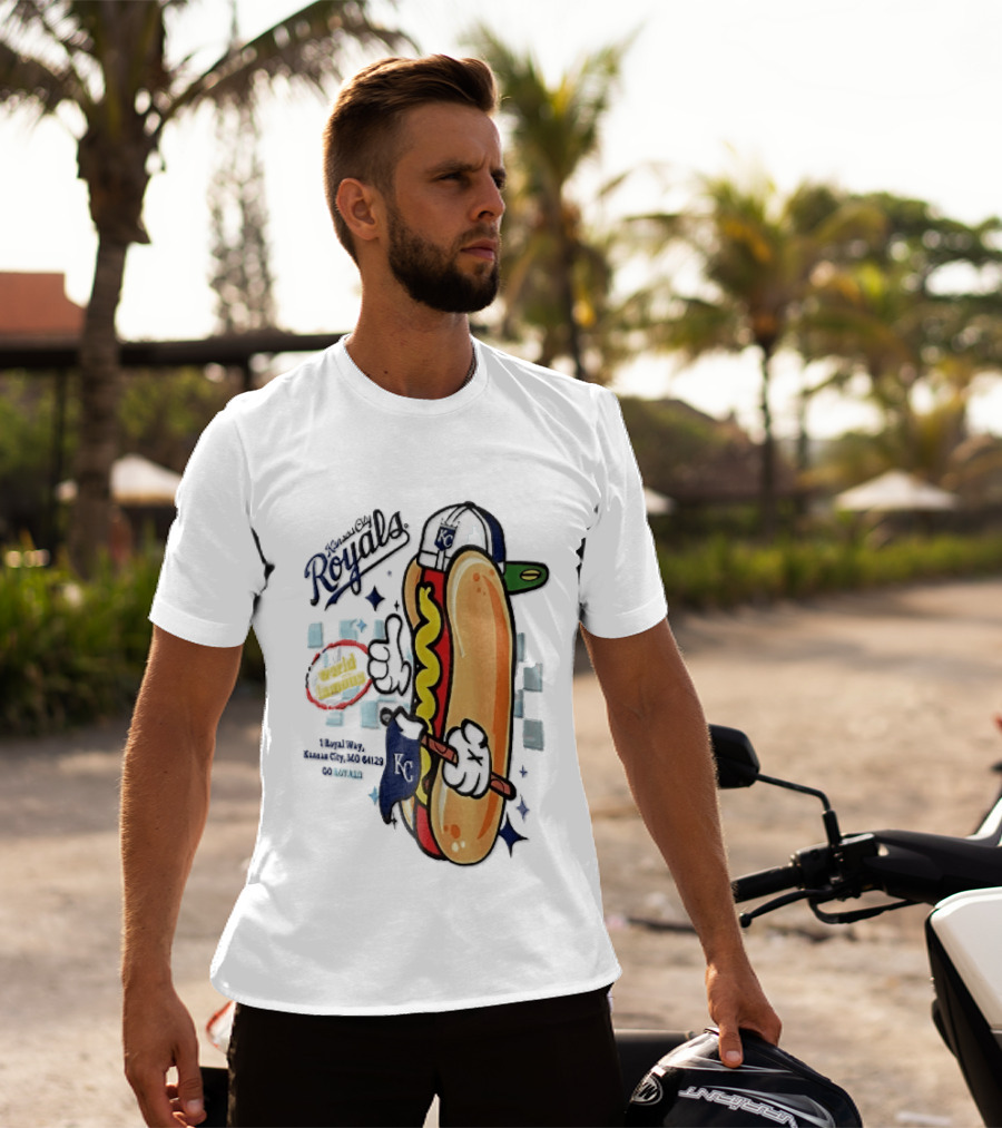 Kansas City Royals World Famous 1 Royal Way Mo 64129 Cartoon Hot Dog KC Cap T-Shirt
