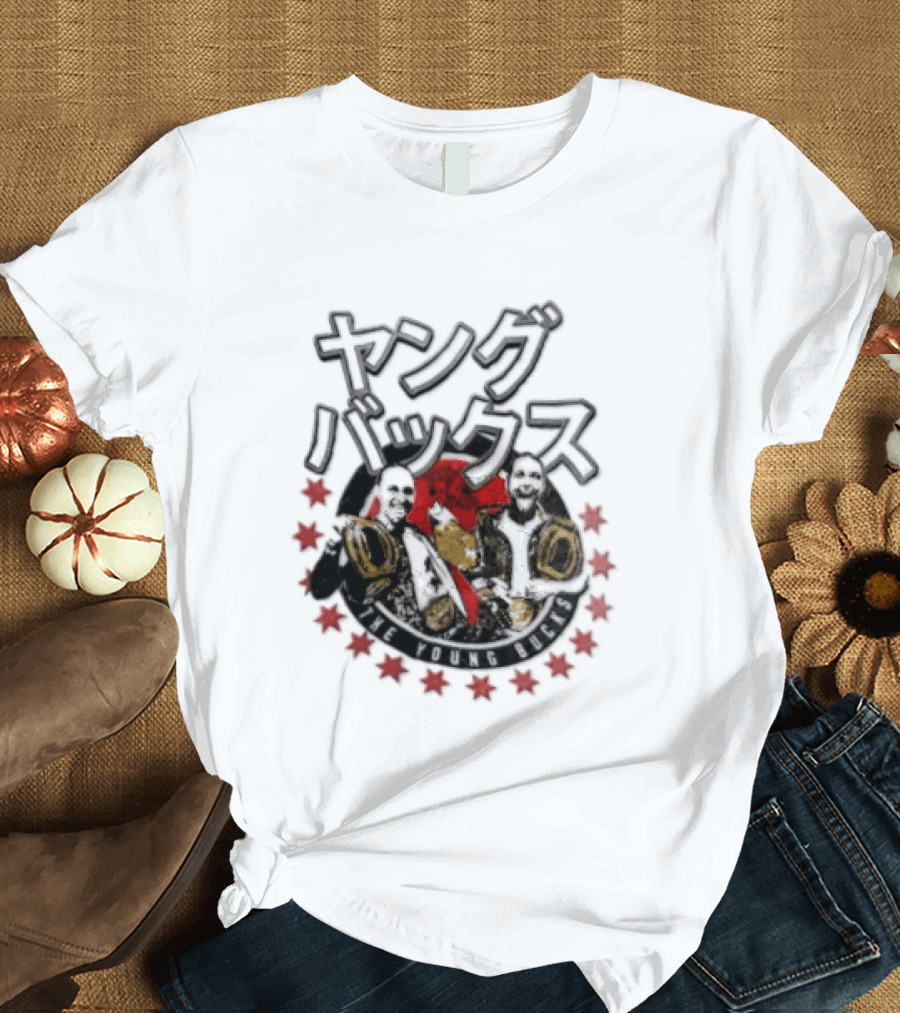 Young Bucks Wrestling Tag Team With Championship Belts And Red Star Circle T-Shirt