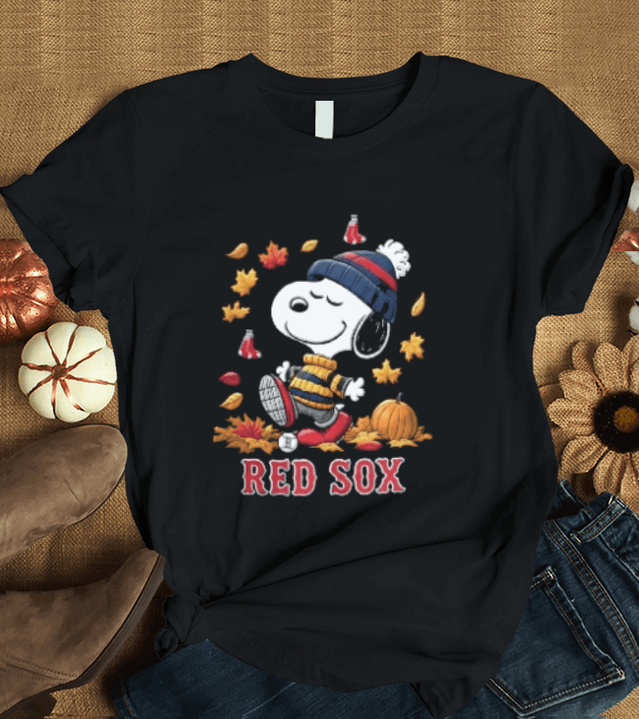 Boston Red Sox Snoopy Walking With Autumn Leaves And Pumpkin T-Shirt