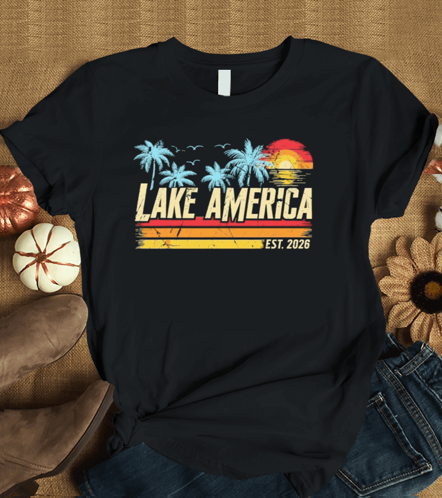 Lake America Est 2026 Tropical Vacation Sunset Palm Trees And Seagulls T-Shirt