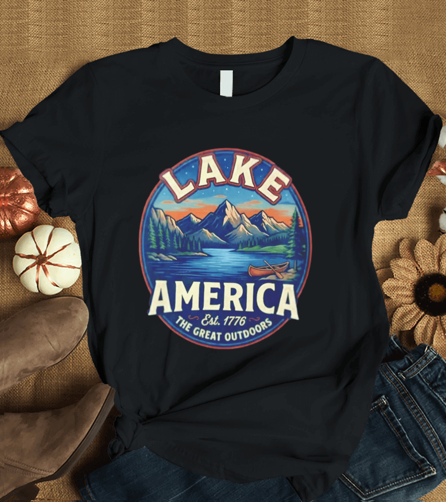 Lake America The Great Outdoors Est. 1776 Mountain Scene Canoe T-Shirt