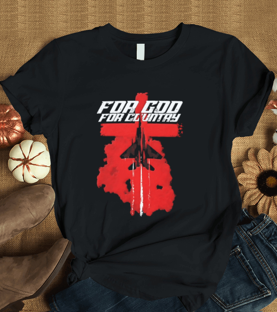 For God And For Country Red Fighter Jet Cross T-Shirt