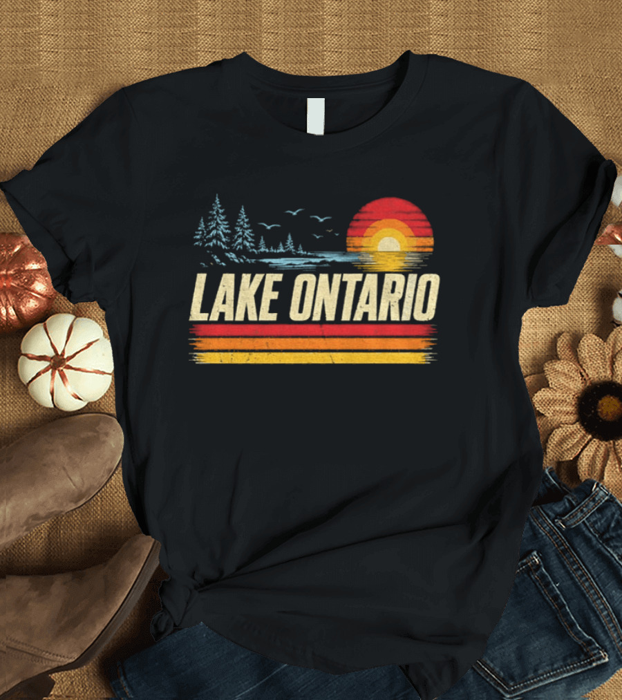 Lake Ontario Sunset Vintage Style With Pines And Birds T-Shirt
