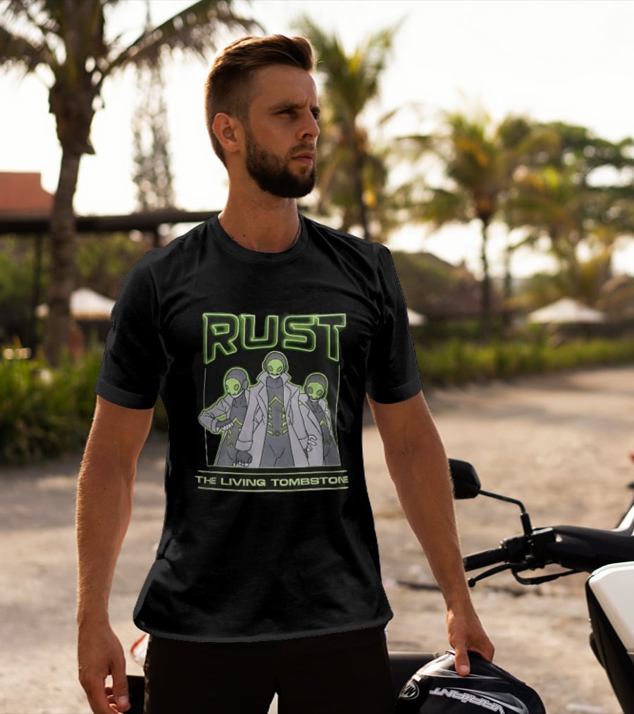 RUST The Living Tombstone Three Masked Figures Glowing Neon Trench Coats T-Shirt