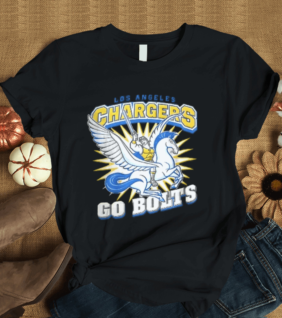 Los Angeles Chargers Go Bolts Hercules Pegasus Sword Cartoon Sunburst T-Shirt