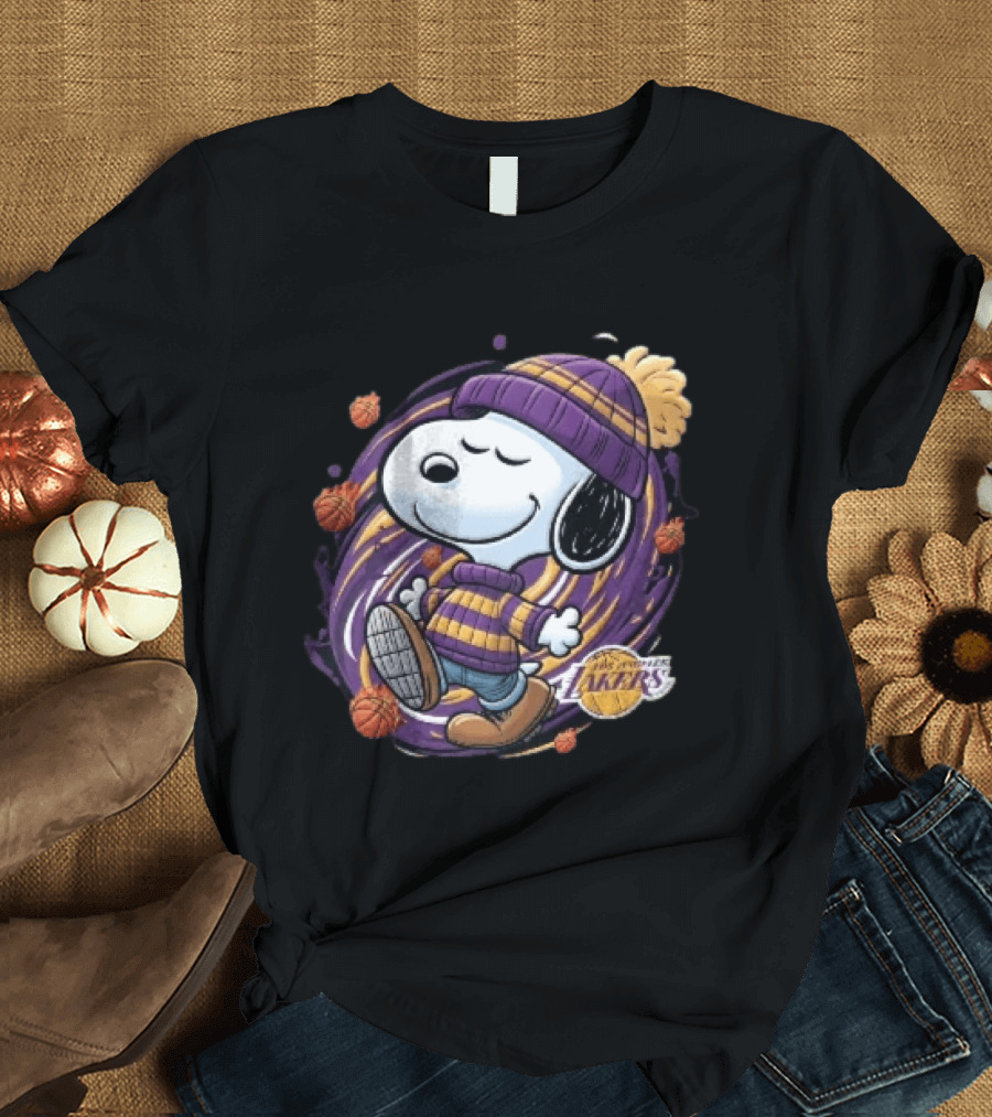 Los Angeles Lakers NBA Snoopy Cartoon Beanie Swirl Flaming Basketballs T-Shirt
