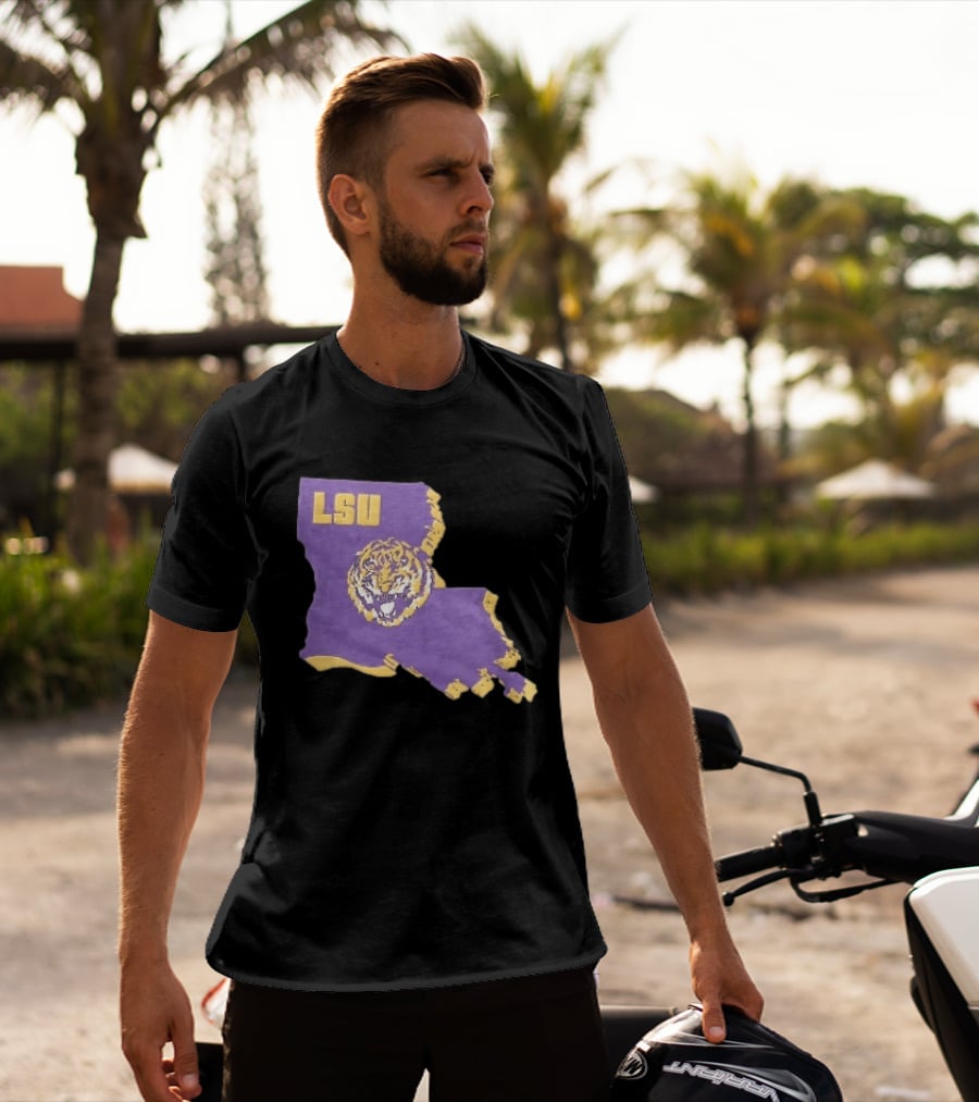 LSU Tigers NCAA Roaring Head Louisiana Map T-Shirt
