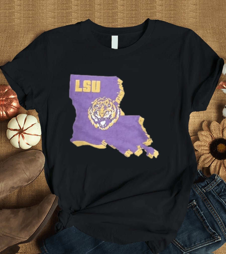 LSU Tigers NCAA Roaring Head Louisiana Map T-Shirt