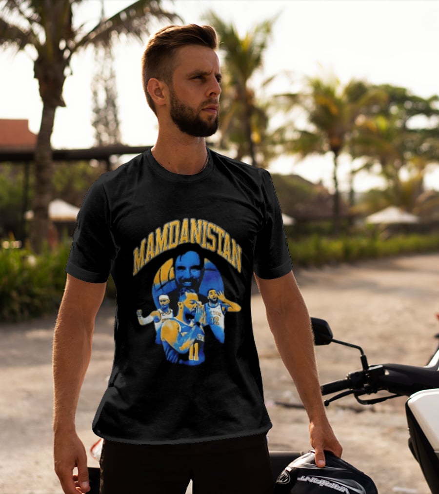 Mamdanistan Jalen Brunson Karl Anthony Towns Zohran Mamdani Halftone Basketball Collage T-Shirt