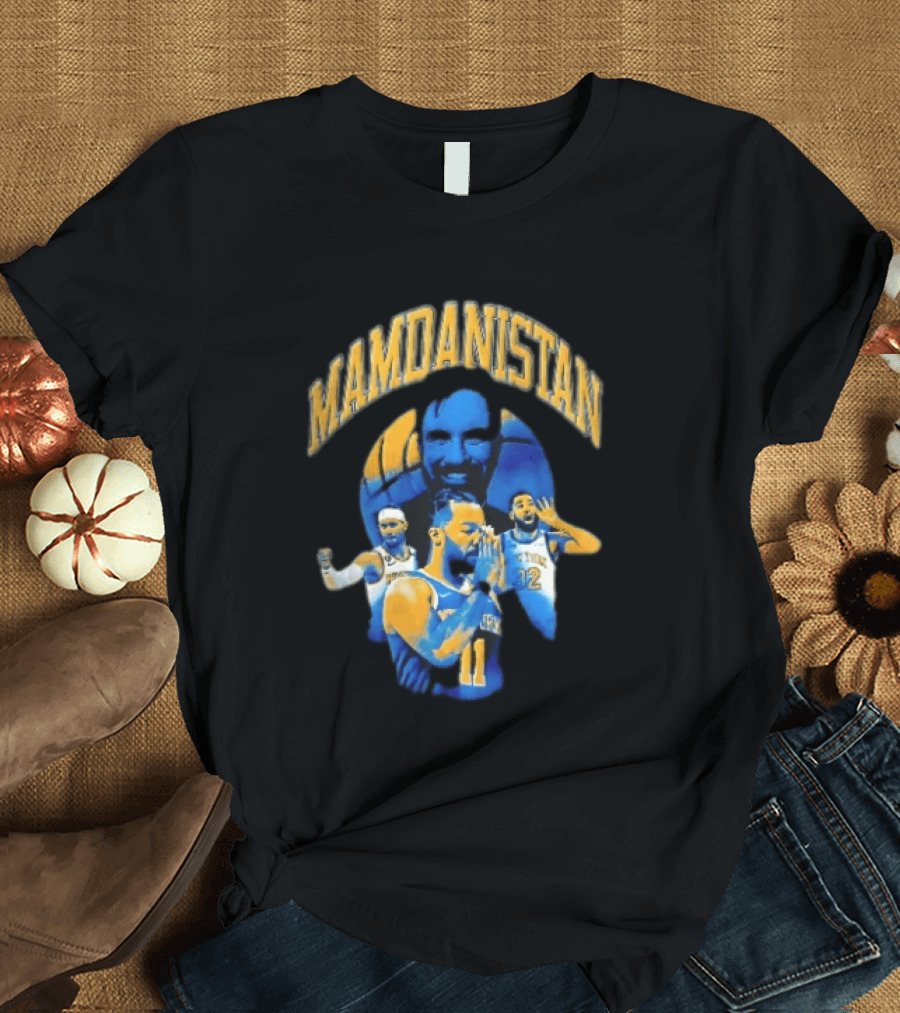 Mamdanistan Jalen Brunson Karl Anthony Towns Zohran Mamdani Halftone Basketball Collage T-Shirt