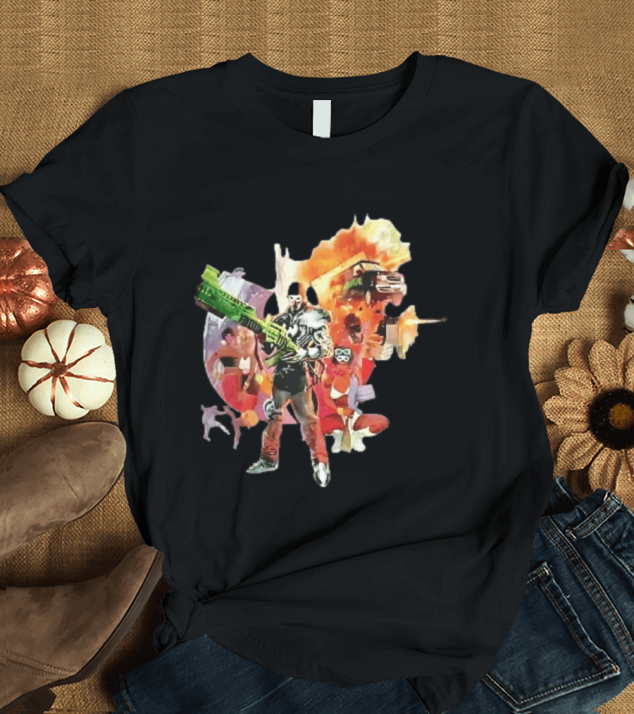 Masked Skeleton Soldier Green Rifle Fire Explosion Flying Truck Collage T-Shirt
