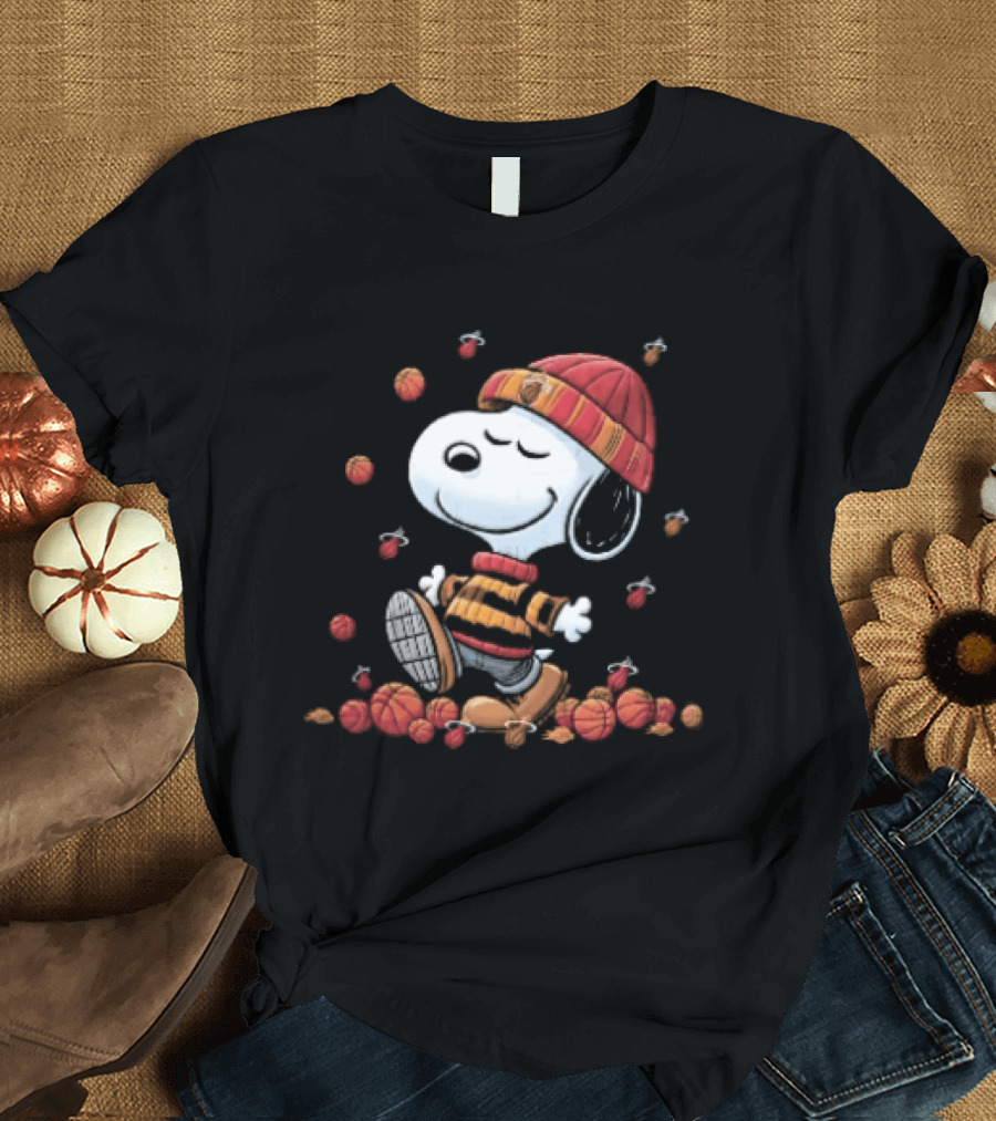 Miami Heat NBA Snoopy Walking Beanie Striped Flaming Basketballs Black T-Shirt