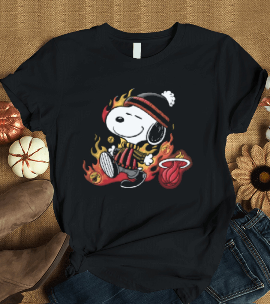Miami Heat NBA Snoopy Walking Beanie Striped Flames Cartoon T-Shirt