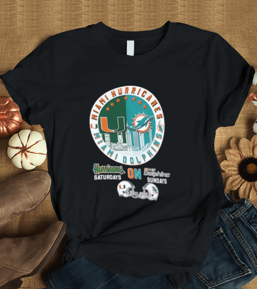 Miami Hurricanes Dolphins City Skyline Saturdays Sundays Two Helmets T-Shirt