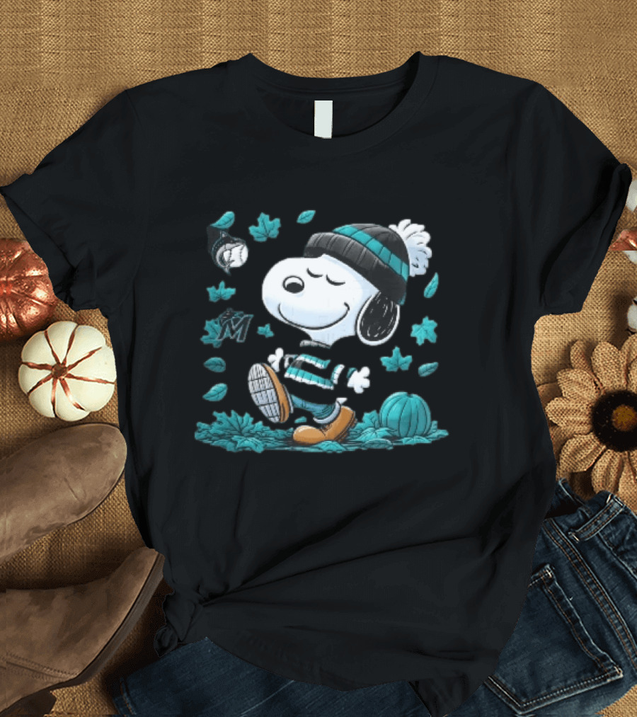 Miami Marlins Snoopy Walking Winter Beanie Autumn Leaves Pumpkin MLB Cartoon T-Shirt