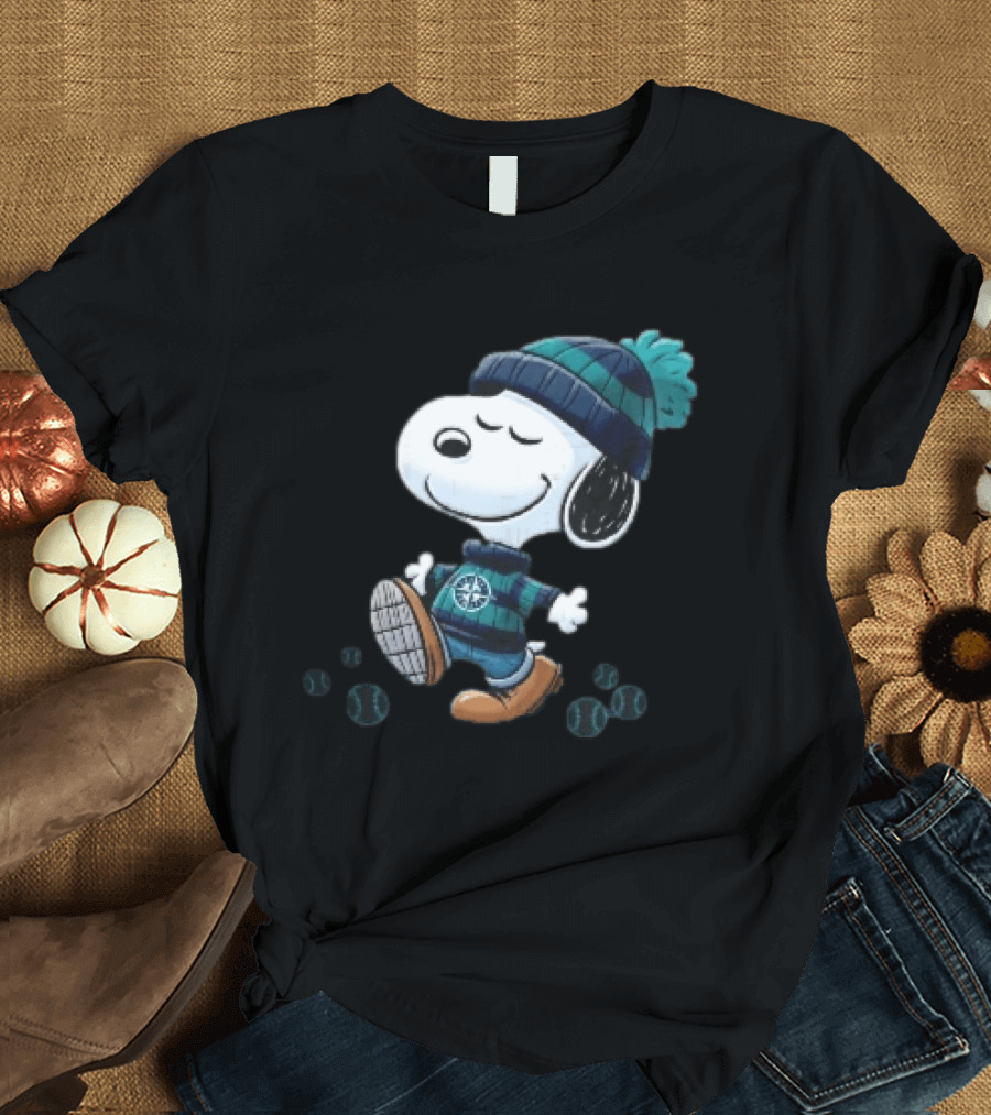 Seattle Mariners Snoopy Walking Beanie And Baseballs MLB Cartoon T-Shirt