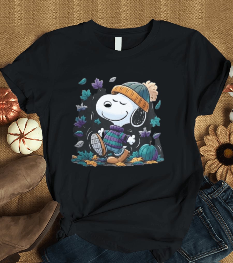 Snoopy Autumn Walk Striped Beanie Pumpkin And Falling Leaves T-Shirt