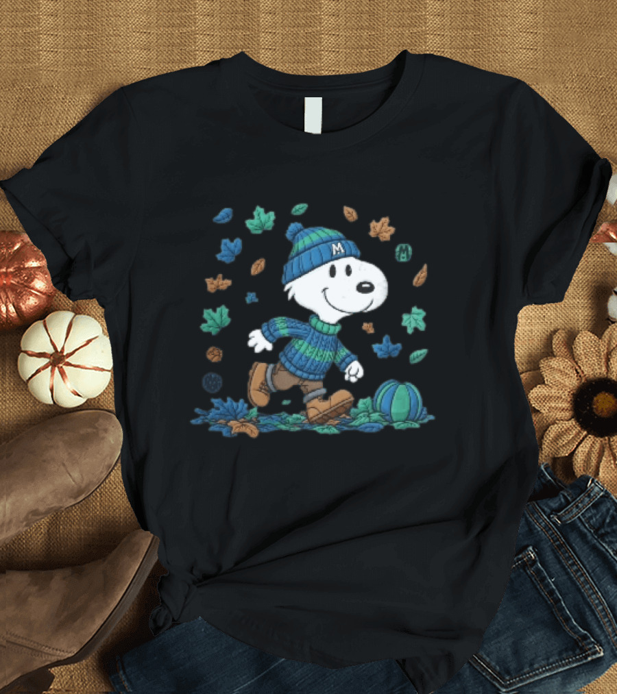 Snoopy Walking Autumn Leaves Blue Green Beanie Pumpkin T-Shirt