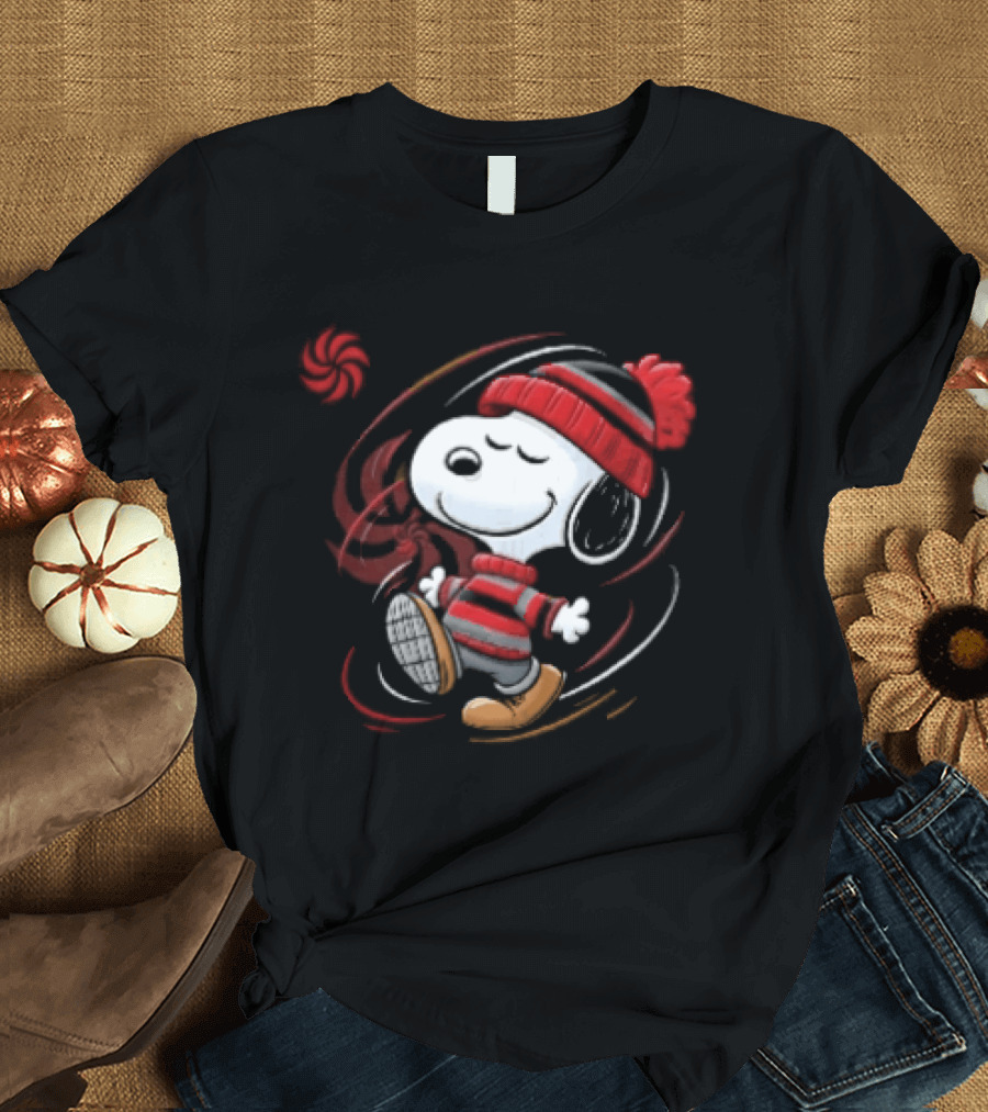 Snoopy Walking Red Black Striped Beanie Swirl Cartoon T-Shirt