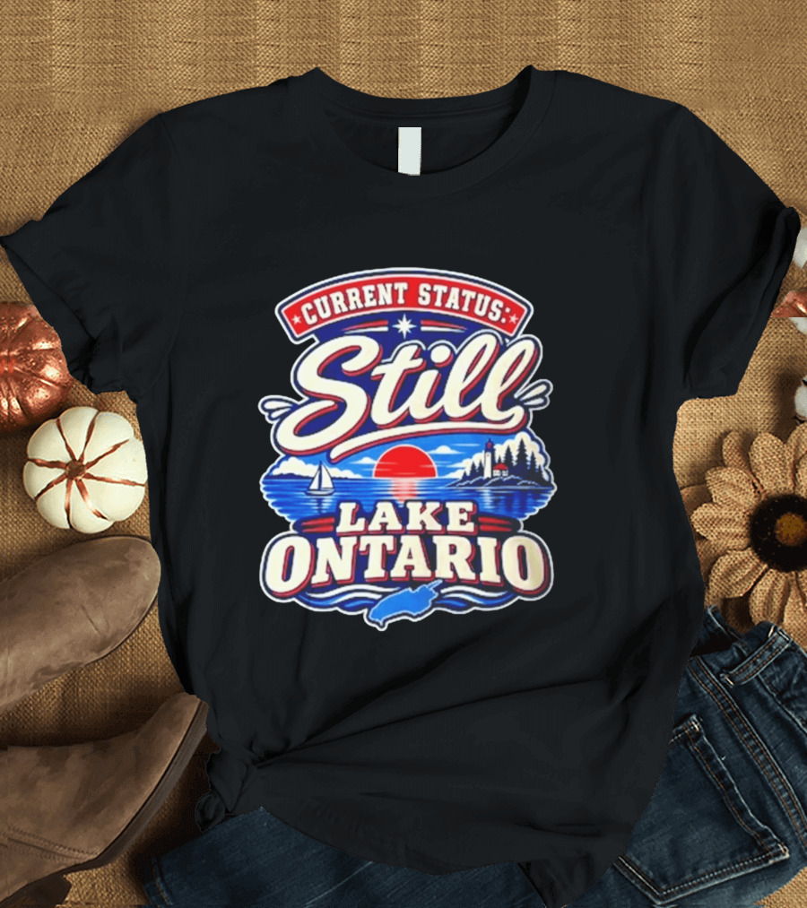 Current Status Still Lake Ontario Sunset Sailboat Lighthouse Scene T-Shirt