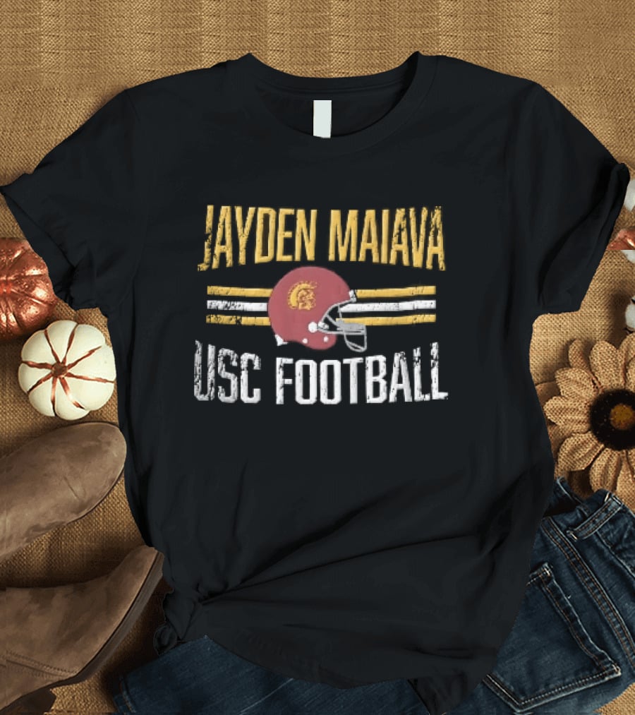 Jayden Maiava USC Football Distressed Helmet Yellow Stripes T-Shirt