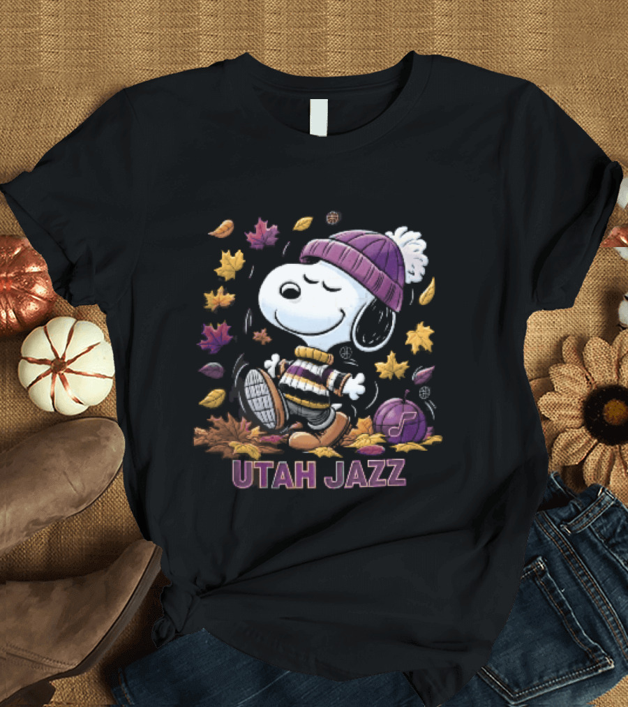Utah Jazz Snoopy Cartoon Walking In Autumn Leaves Purple Beanie Basketball T-Shirt