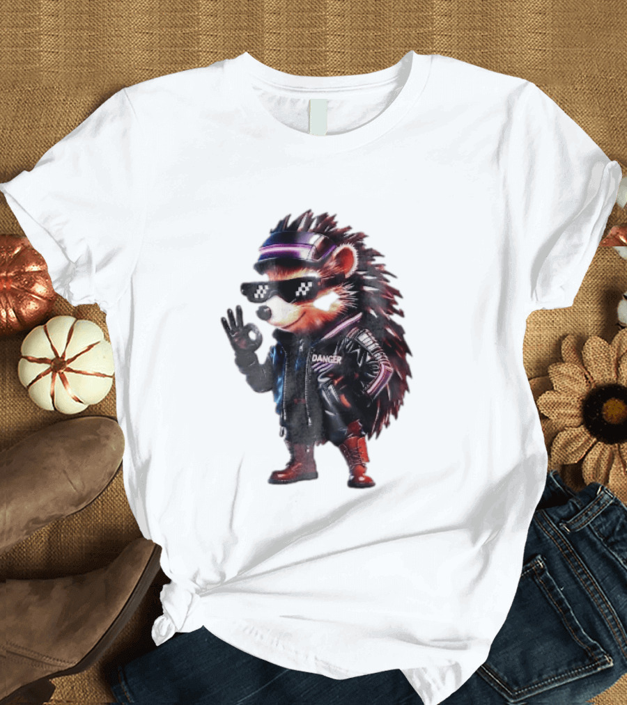 Danger Hedgehog Pixel Sunglasses Leather Jacket T-Shirt