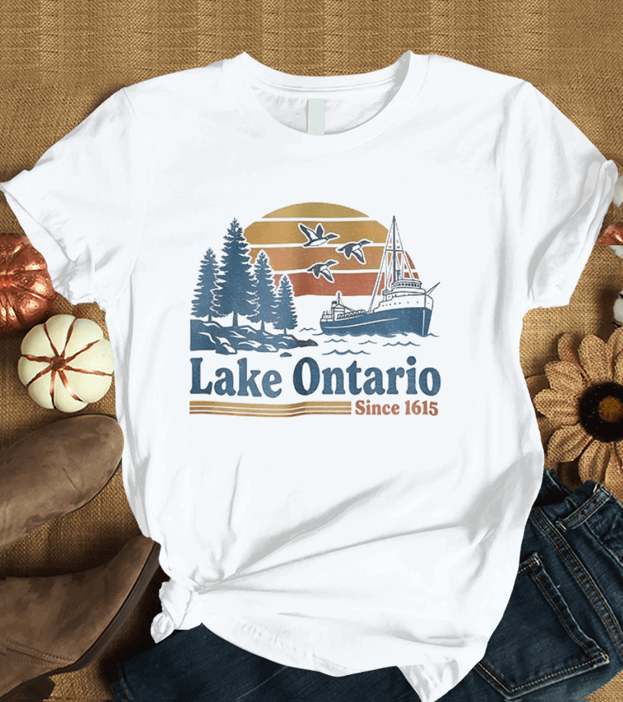 Lake Ontario Great Lakes Since 1615 Scenic Sunrise With Ship And Trees T-Shirt