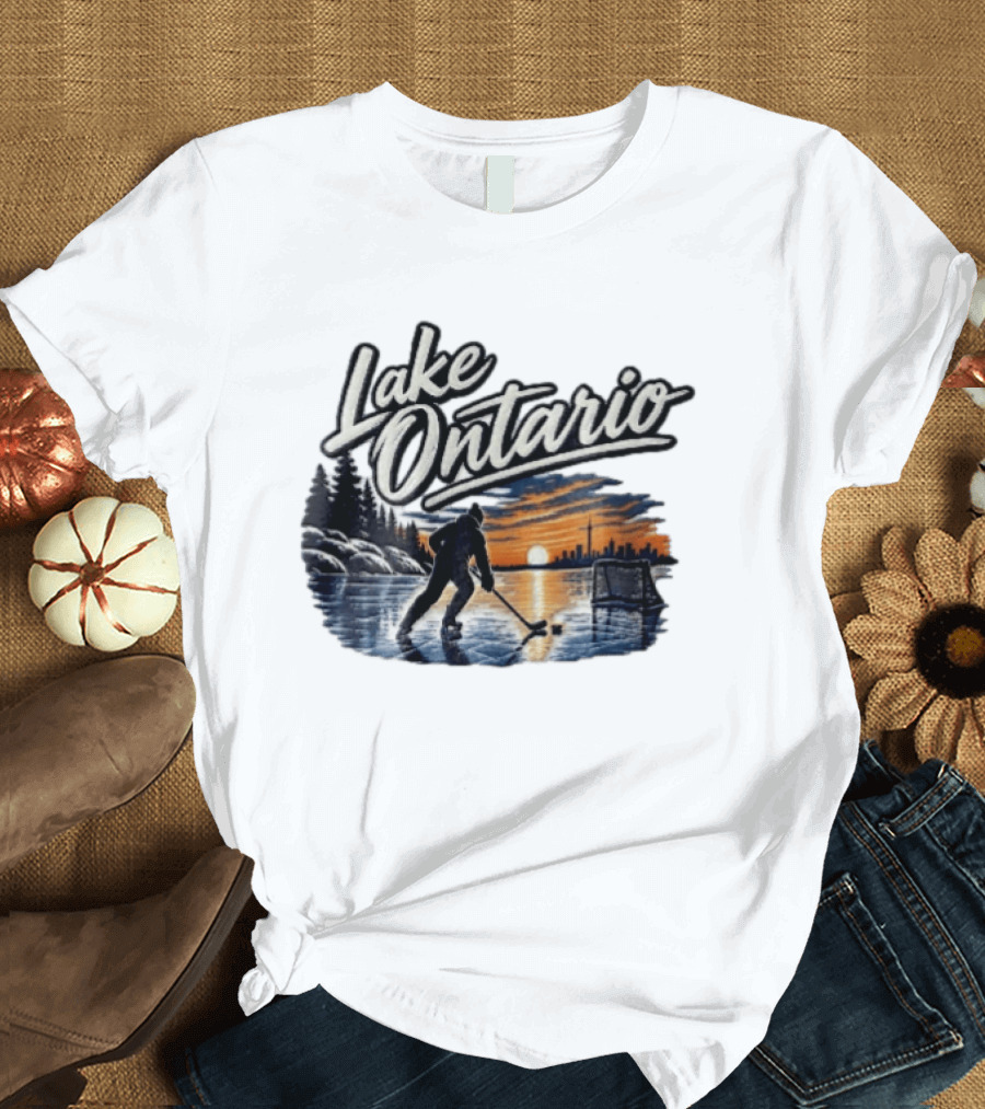 Lake Ontario Ice Hockey Player Skating Sunset Toronto Skyline T-Shirt