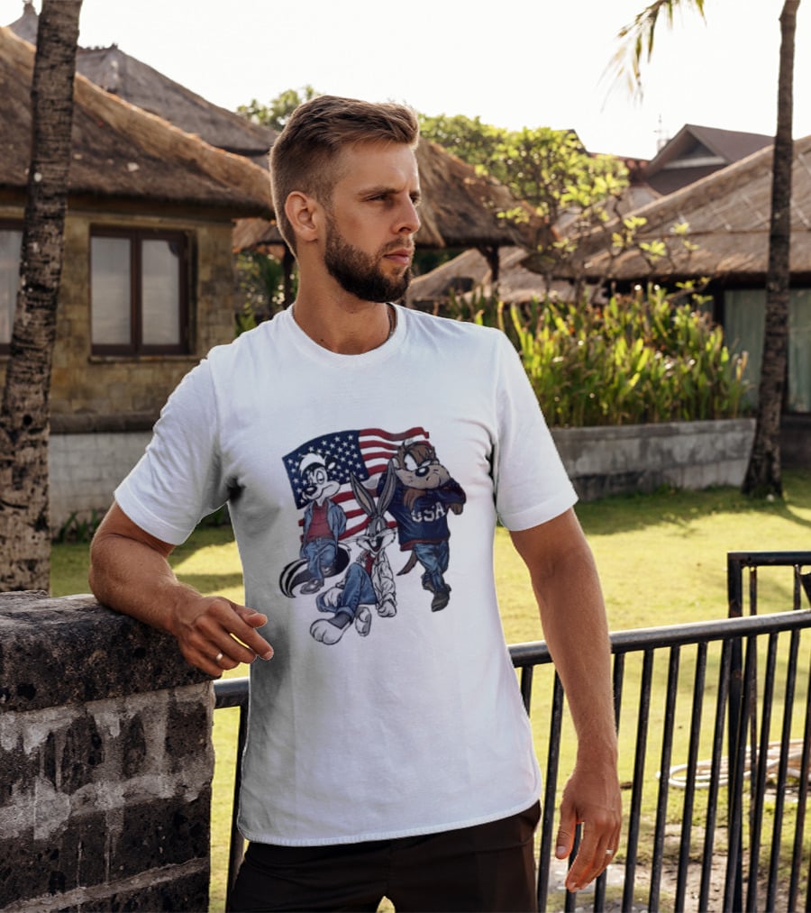 Looney Tunes Pepe Le Pew Bugs Bunny Tasmanian Devil USA American Flag Caricature T-Shirt