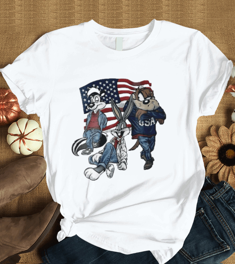 Looney Tunes Pepe Le Pew Bugs Bunny Tasmanian Devil USA American Flag Caricature T-Shirt