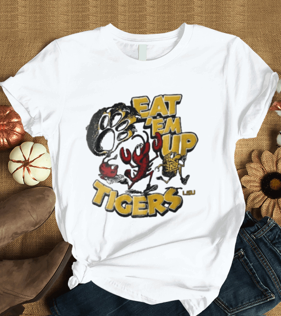LSU Tigers Eat Em Up Cartoon Crawfish Corn Bean Paw Running T-Shirt