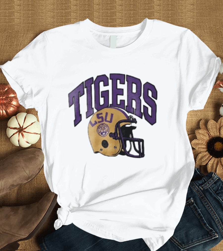 LSU Tigers Yellow Football Helmet Purple Arched Letters NCAA T-Shirt