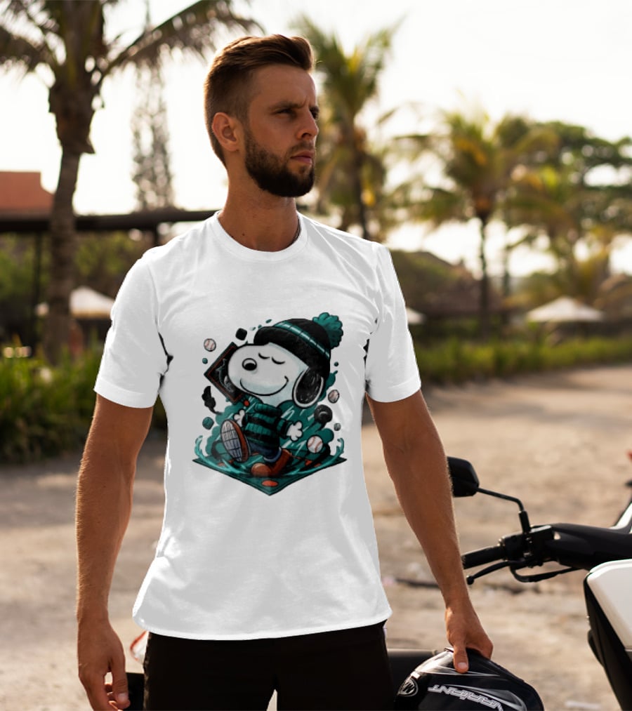 Miami Marlins MLB Snoopy Walking Teal Winter Beanie Striped Baseballs T-Shirt