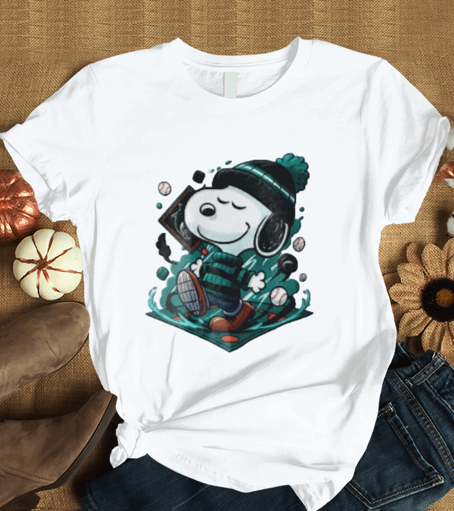 Miami Marlins MLB Snoopy Walking Teal Winter Beanie Striped Baseballs T-Shirt