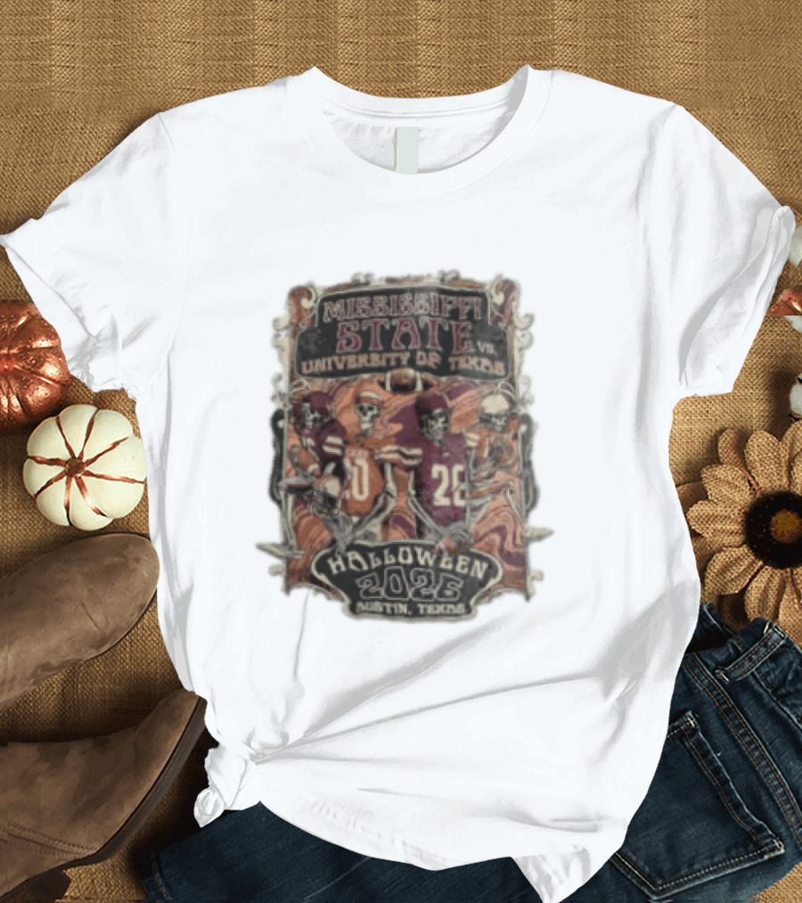 Mississippi State Vs University Of Texas Halloween 2026 Austin Texas Skeleton Football Players T-Shirt
