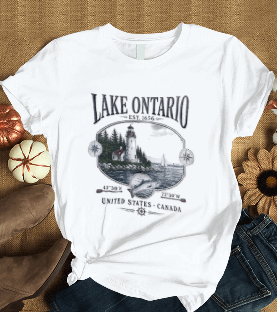 Lake Ontario Lighthouse Sailboat Fish 43 30 And 77 W United States Canada T-Shirt