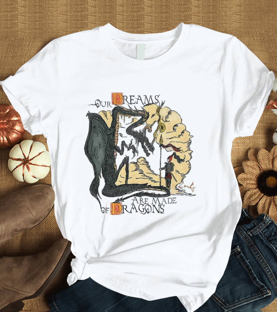 Our Dreams Are Made Of Dragons Artwork Yellow Red Black Fantasy T-Shirt