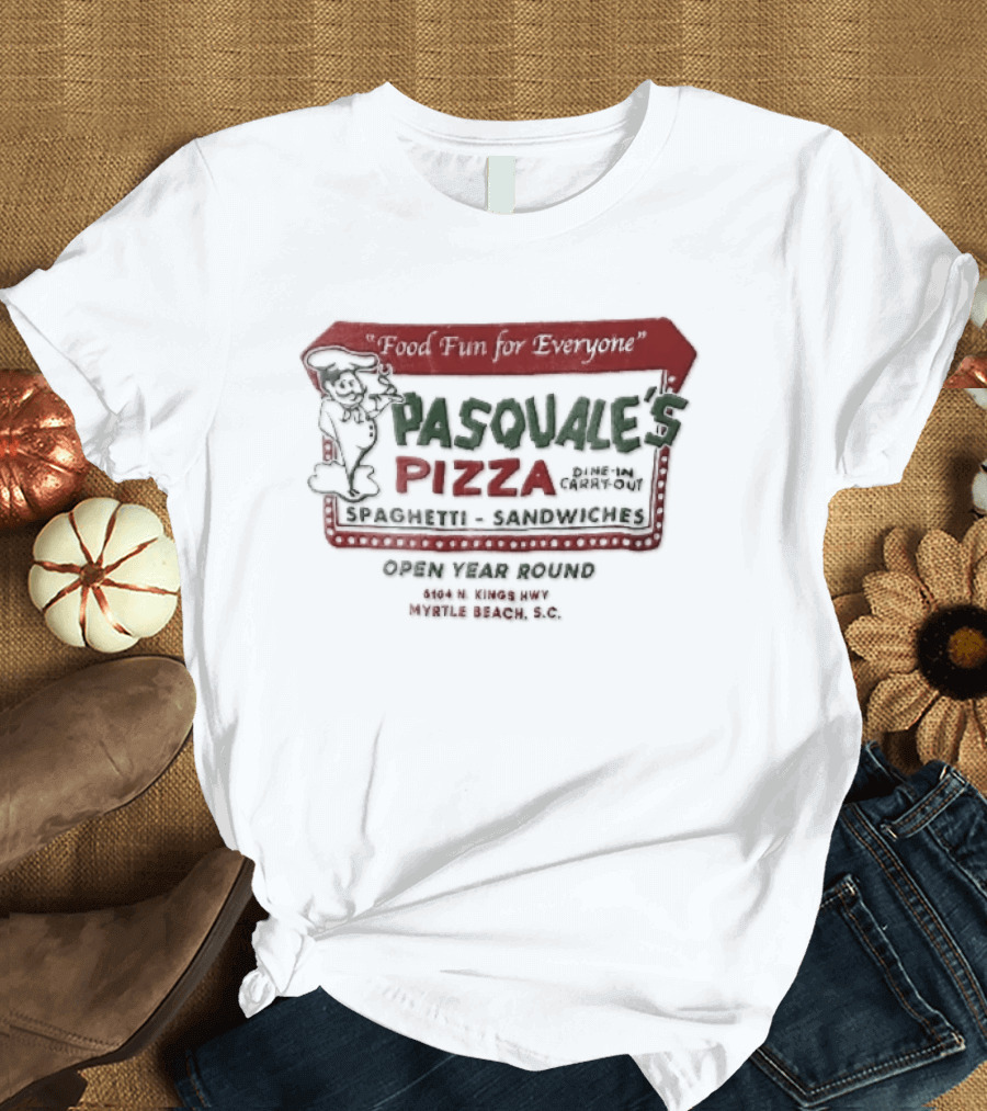 Pasquales Pizza Food Fun For Everyone Myrtle Beach Cartoon Chef Marquee Sign Spaghetti Sandwiches T-Shirt