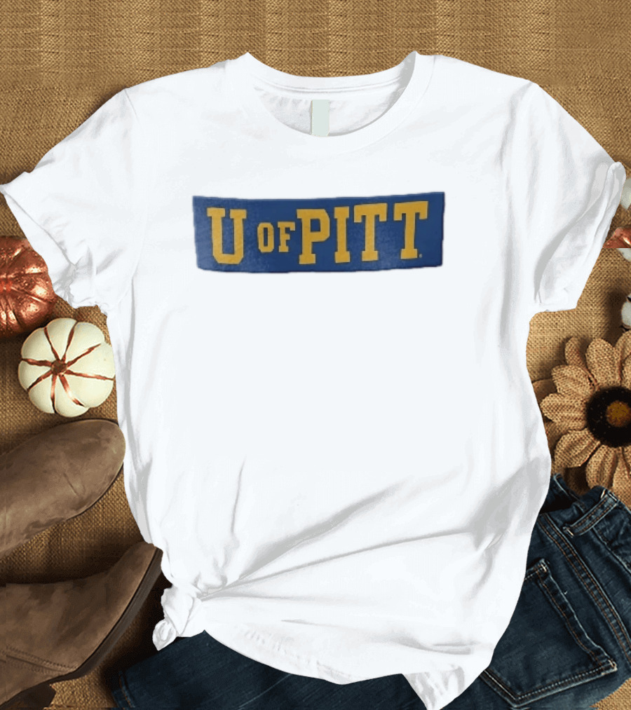 U Of Pitt Blue Wooden Board Yellow Lettering T-Shirt