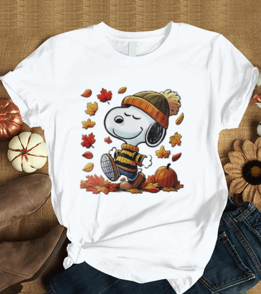Snoopy Walking In Striped Beanie With Autumn Leaves And Pumpkin T-Shirt