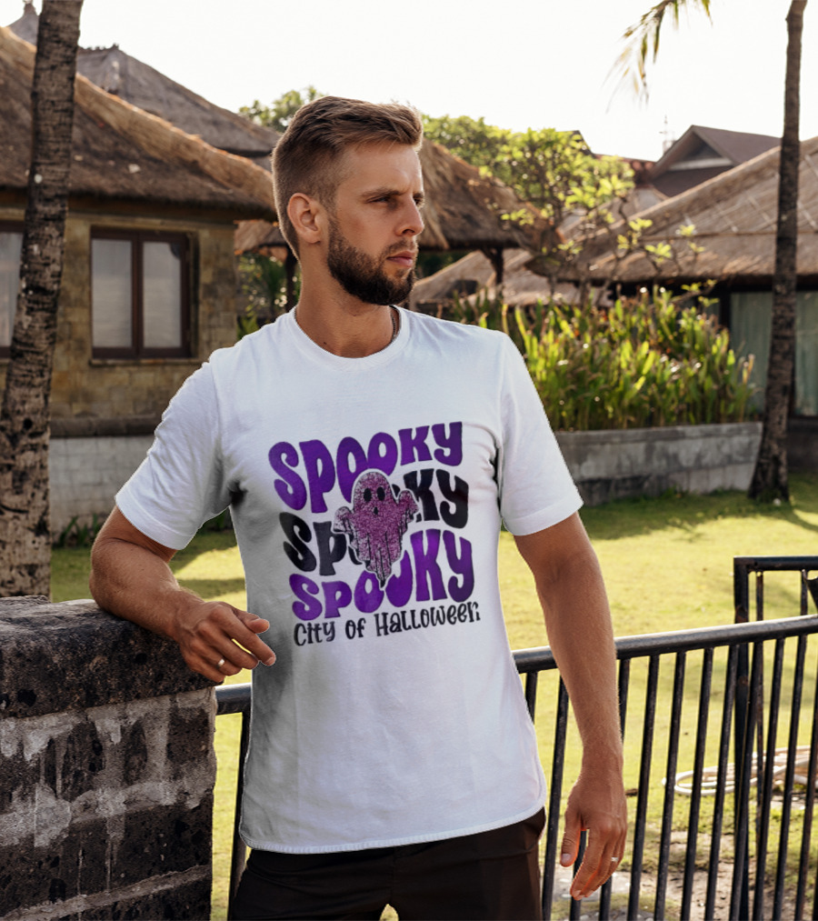 Spooky City Of Halloween Pink Glitter Ghost Retro Groovy T-Shirt