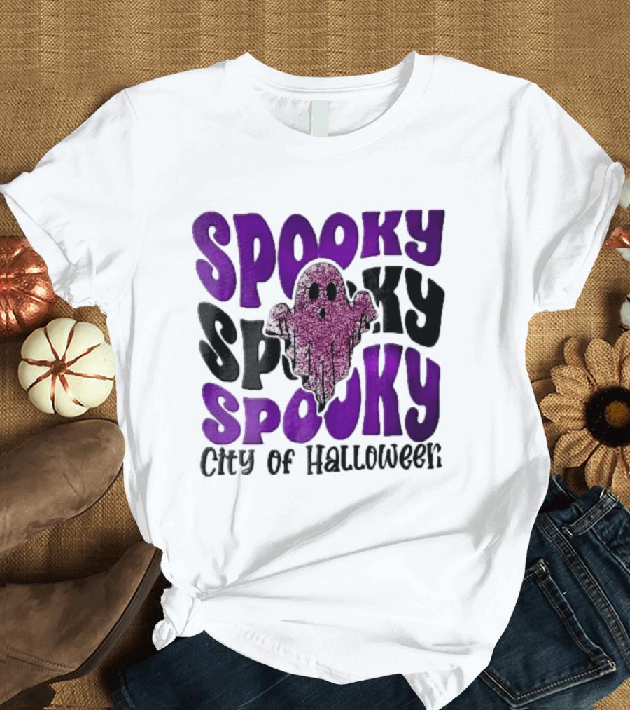 Spooky City Of Halloween Pink Glitter Ghost Retro Groovy T-Shirt