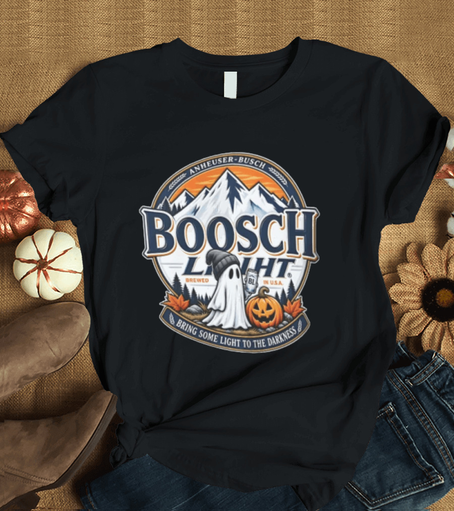 Anheuser Busch Boosch Light Brewed In USA Halloween Ghost Holding Can Jack O Lantern Bring Some Light To The Darkness T-Shirt